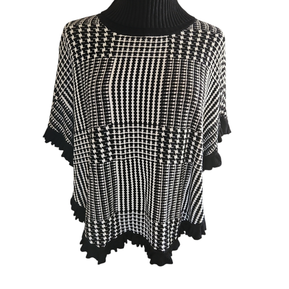 JOSEPH Women Sweater Ruffle Dalman Sleeve Plaid Black White Turtle Neck Sz Small